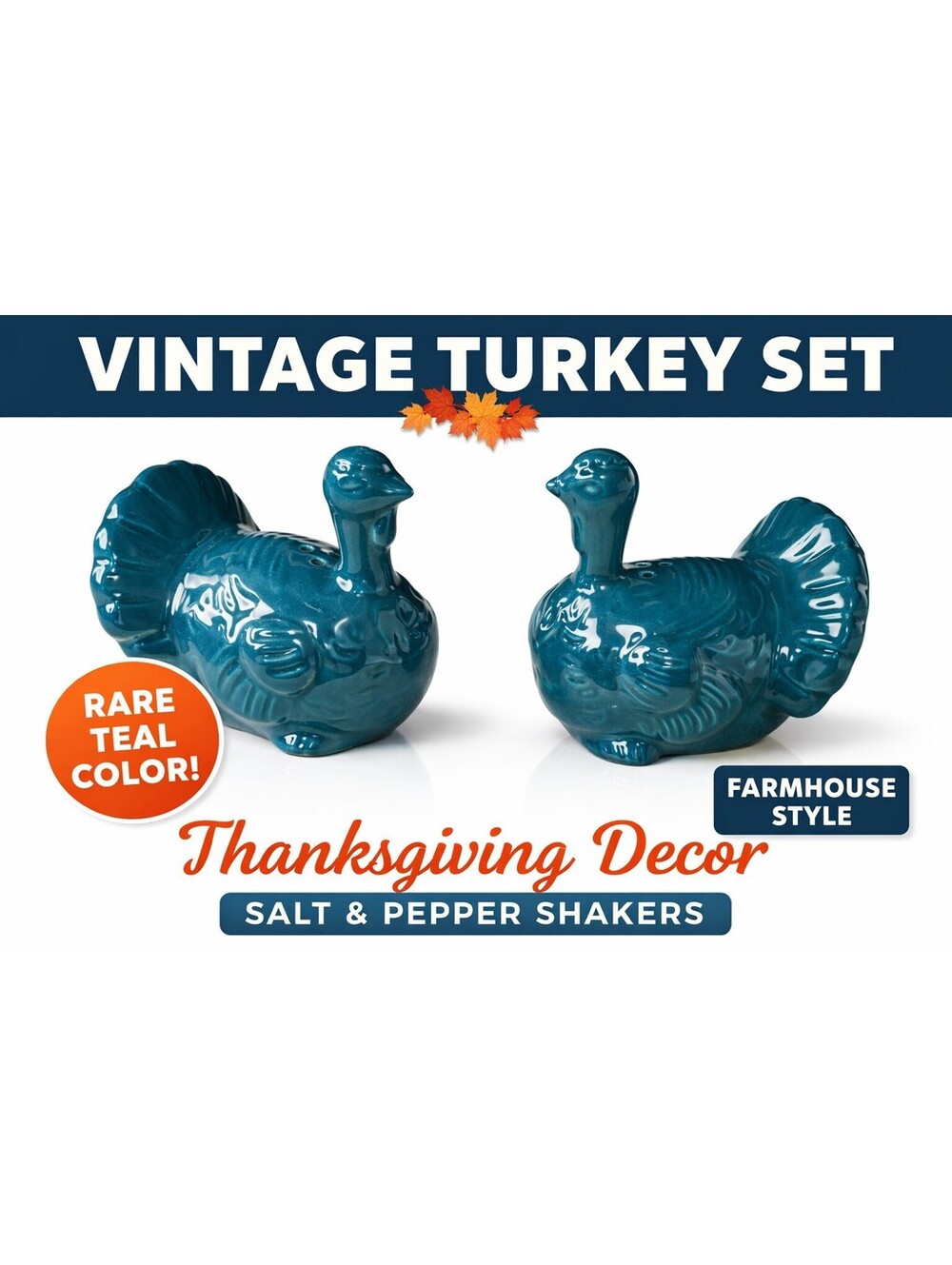 Vintage Teal Ceramic Turkey Salt & Pepper Shakers Set Fall Thanksgiving...